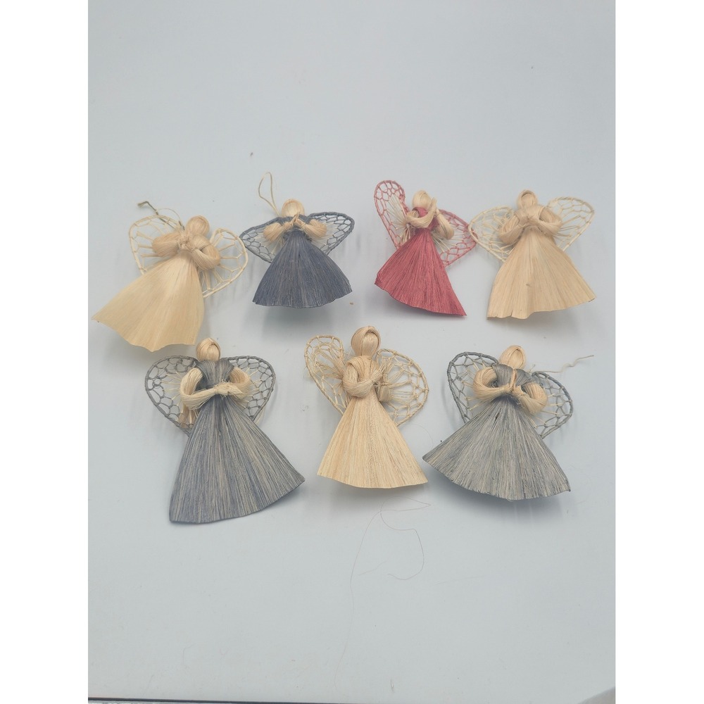 Vintage Sisal Straw Angel Ornaments Set of 7 Woven Christmas Folk Art 3.5"